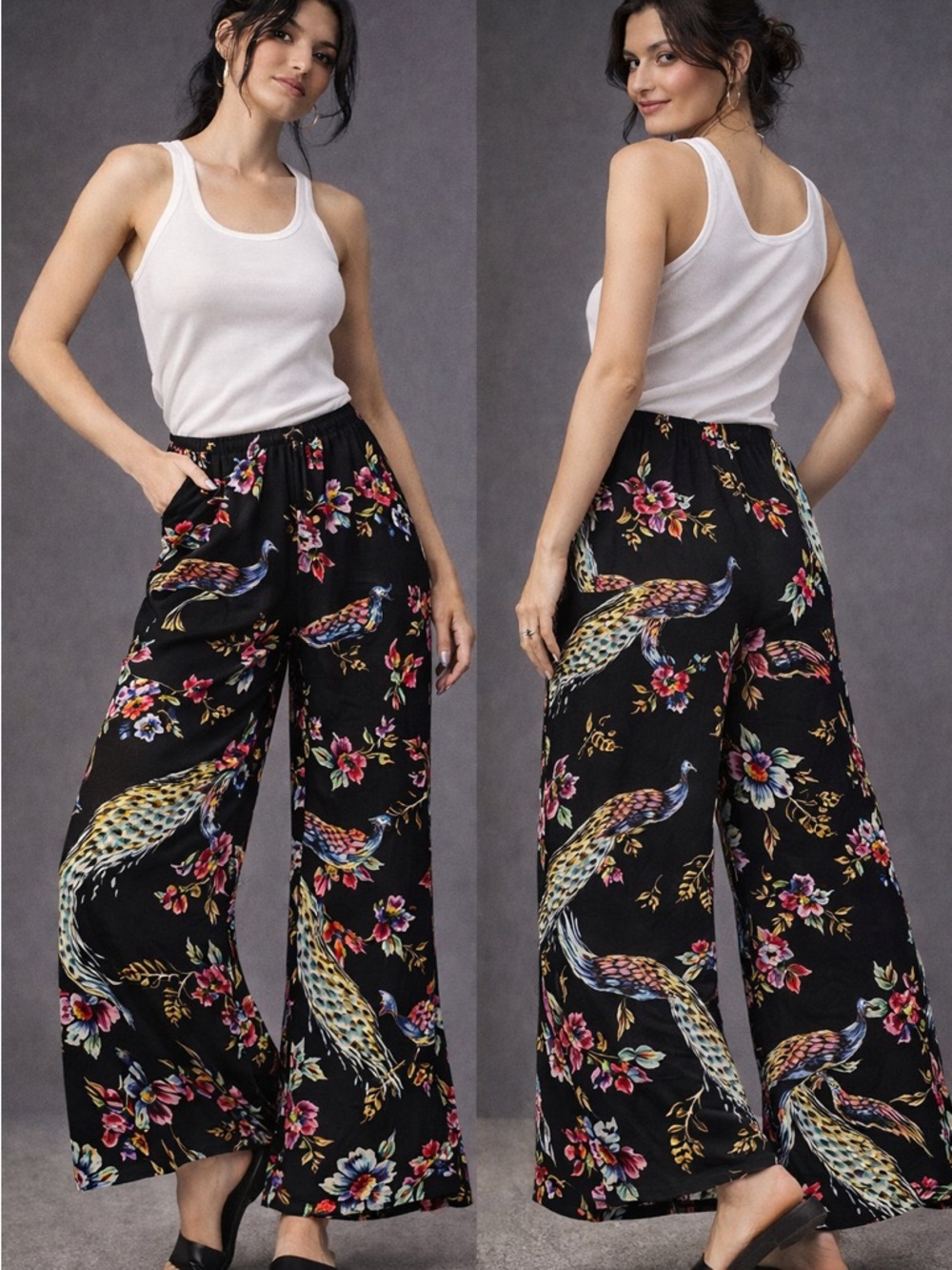 Anthropologie Black Peacock & Floral Wide-Leg Pants